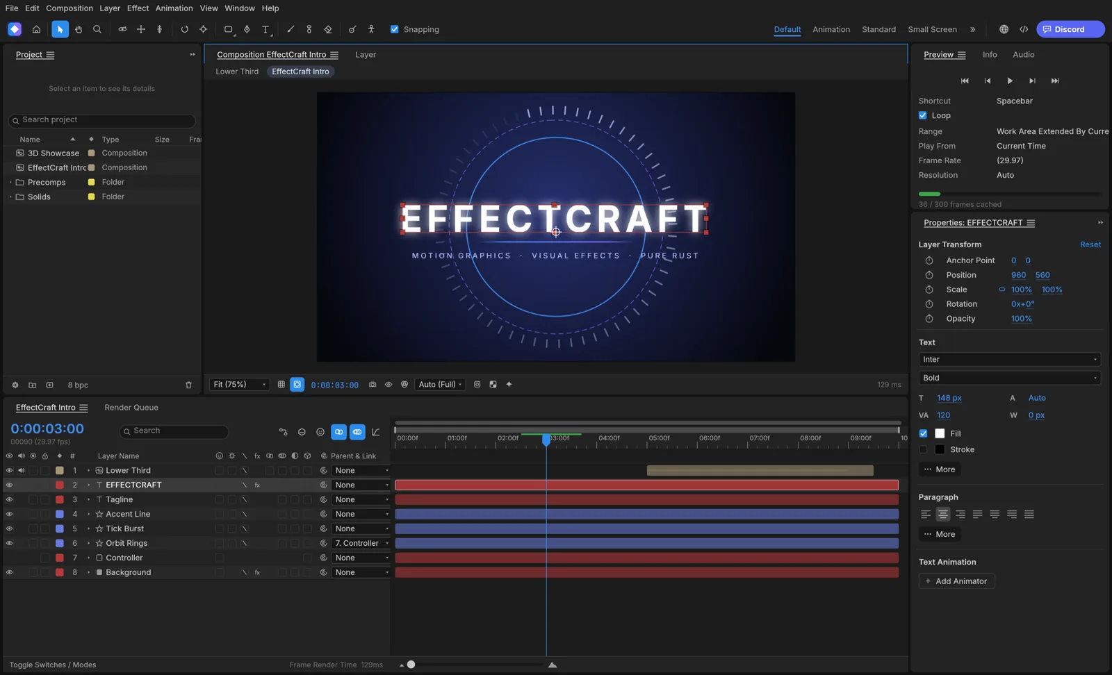 Official EffectCraft screenshot showing an animated title, composition viewer and a layered timeline