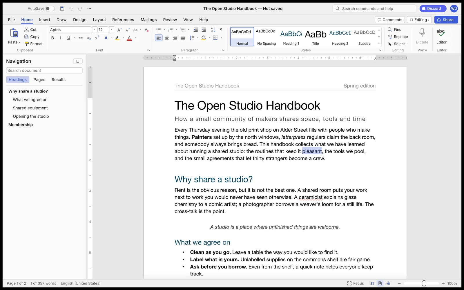 Official WordCraft screenshot of The Open Studio Handbook with a ribbon, styles and document navigation